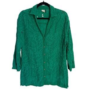 ANTHROPOLOGIE AKEMI + KIN Green Eyelet Floral Tunic Button Up Blouse Beachy Sz S